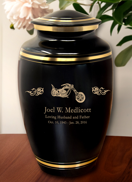 classic black urn with motorcycle engraving